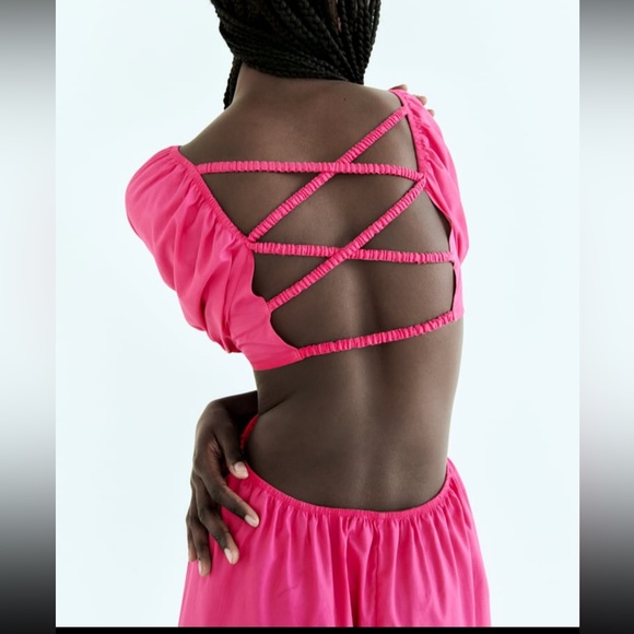 Zara cut out Barbie pink dress with braided straps poplin maxidress 2023 - Picture 12 of 13